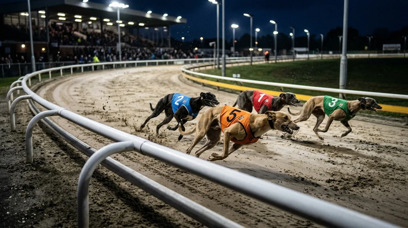 Greyhounds racing through the second bend on the 450-metre standard trip at Oxford Stadium
