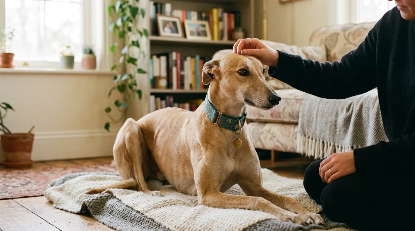 Retired greyhound being adopted — a calm greyhound with a new owner in a home setting