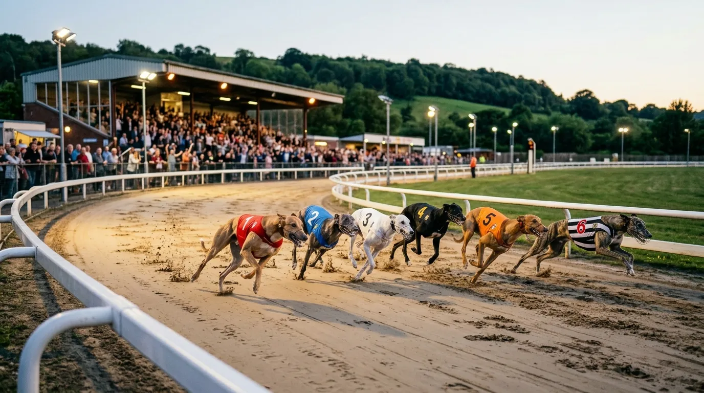 Oxford greyhound racing results — greyhounds sprinting on the sand track at Oxford Stadium under floodlights