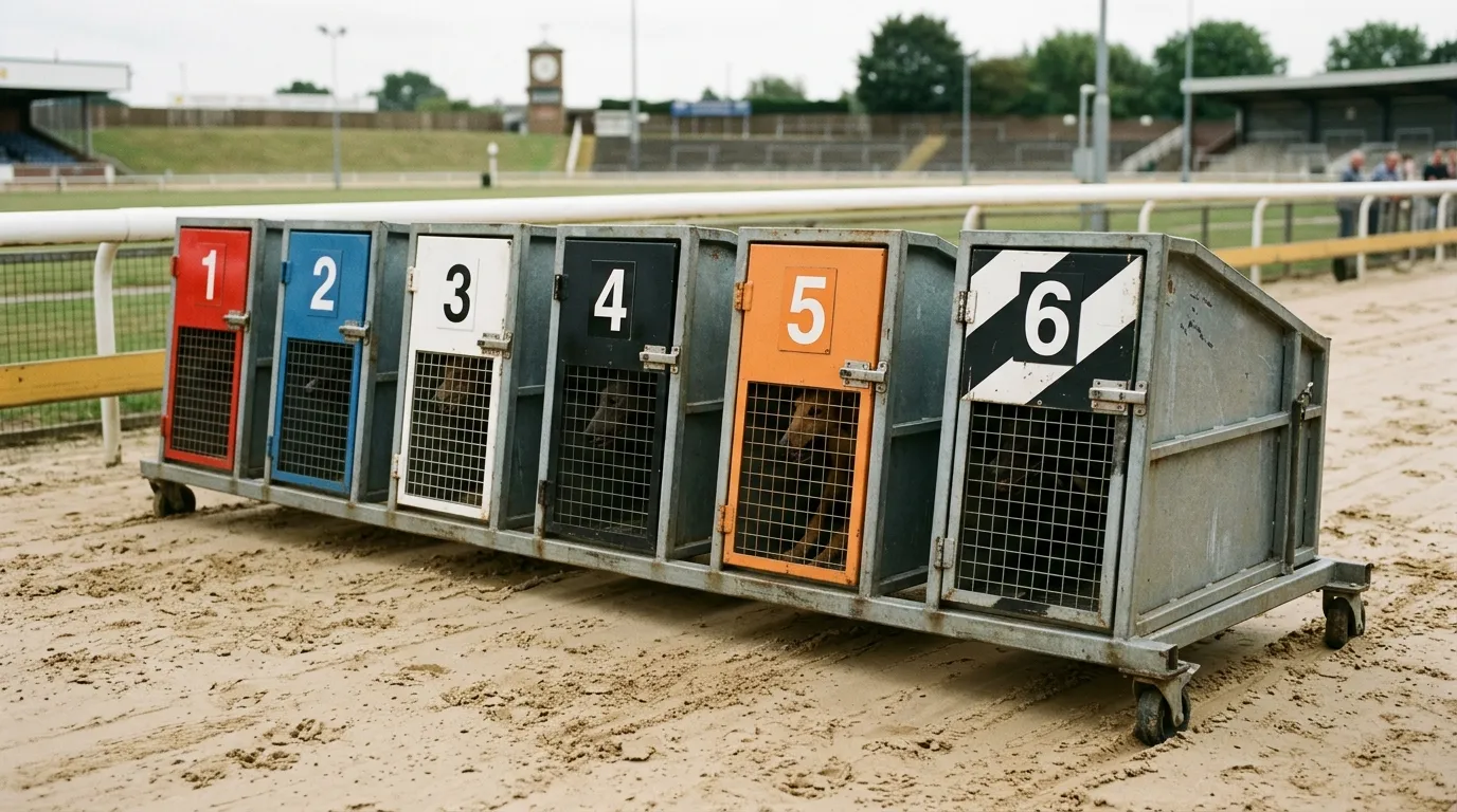 Oxford greyhound starting traps — six numbered boxes on the home straight before a race