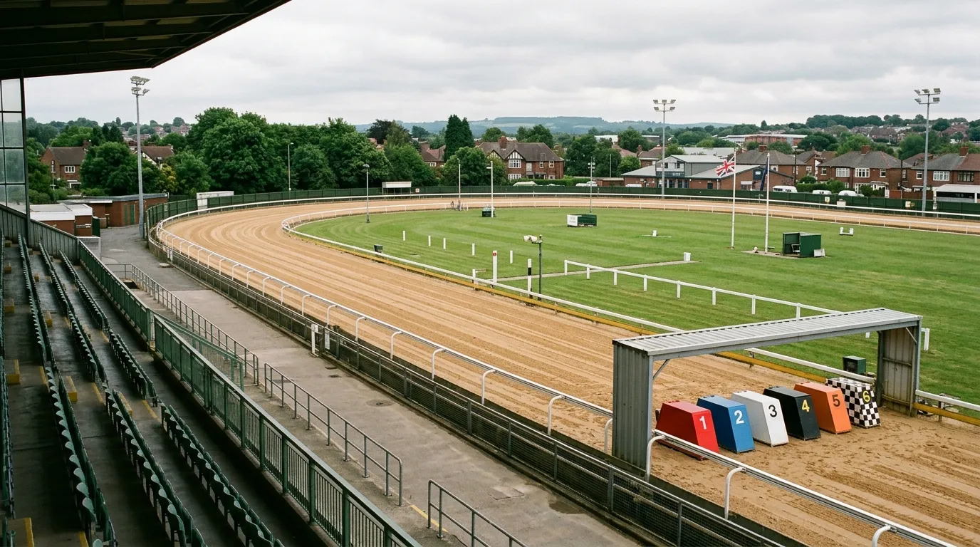Oxford Stadium sand greyhound track aerial view showing the oval layout and starting traps