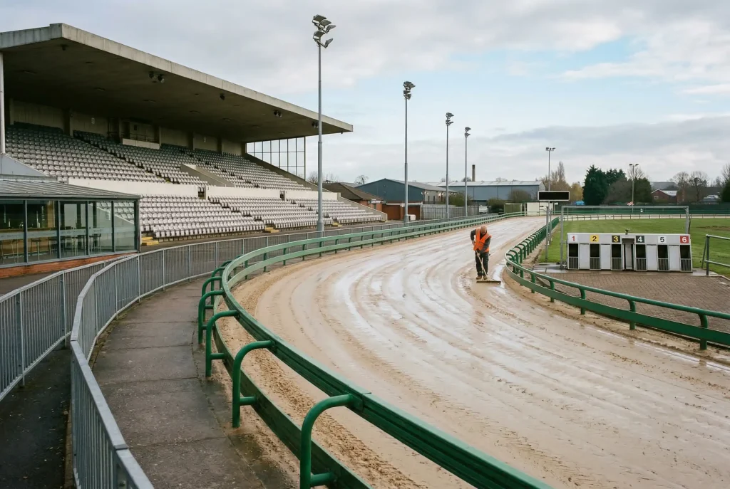BAGS greyhound racing — empty greyhound track prepared for a morning card