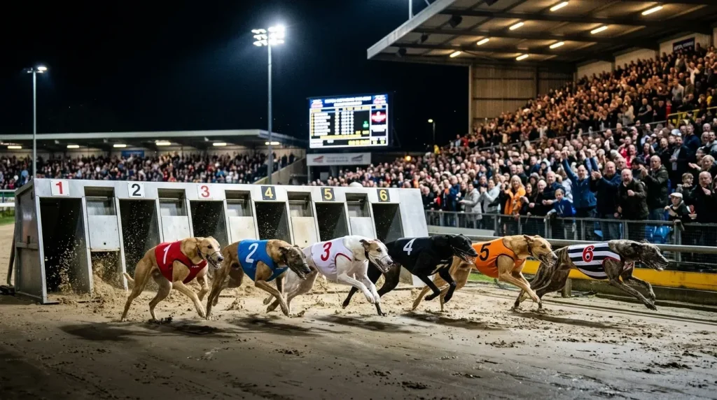 The Greyhound Derby — greyhounds racing under floodlights at a major championship event