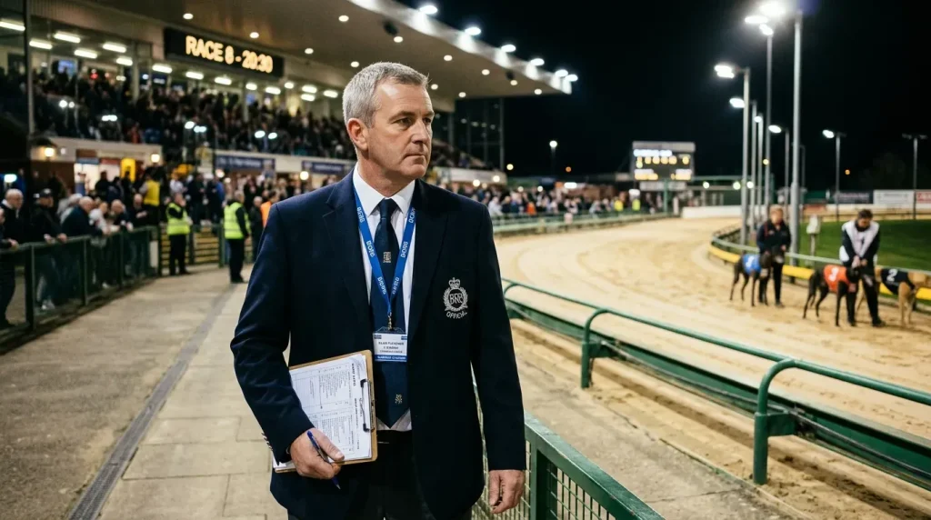 GBGB — a race steward observing greyhounds at a licensed UK track