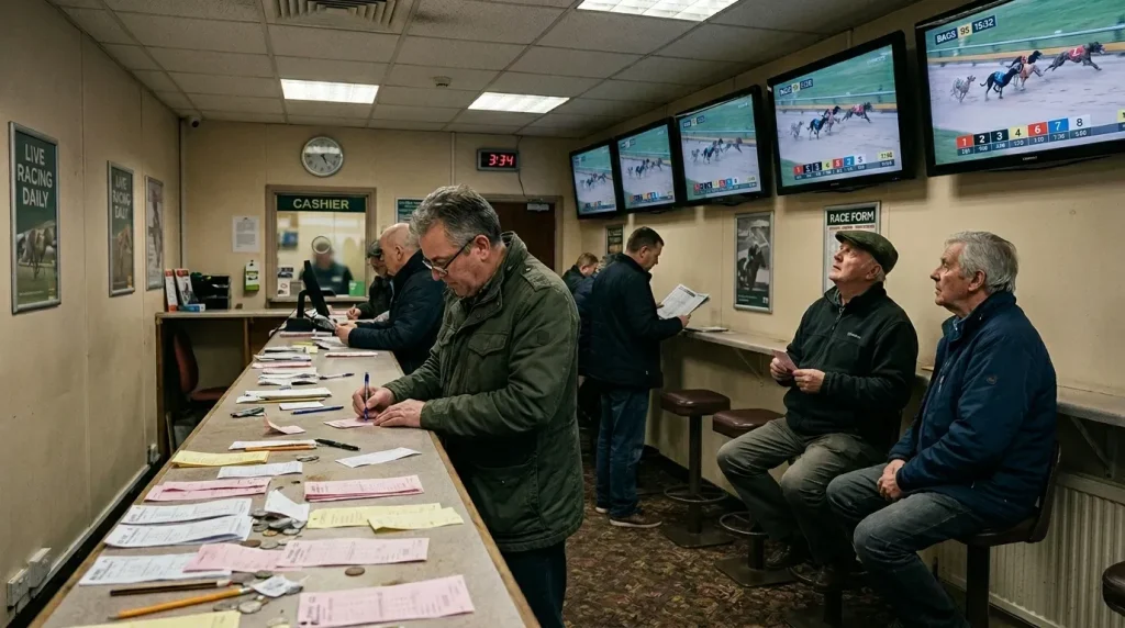 Greyhound betting turnover UK — a high street betting shop with greyhound racing on screens