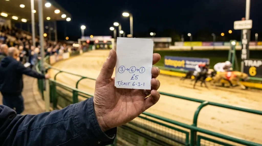 Greyhound betting types — a hand holding a betting slip at a greyhound racing venue