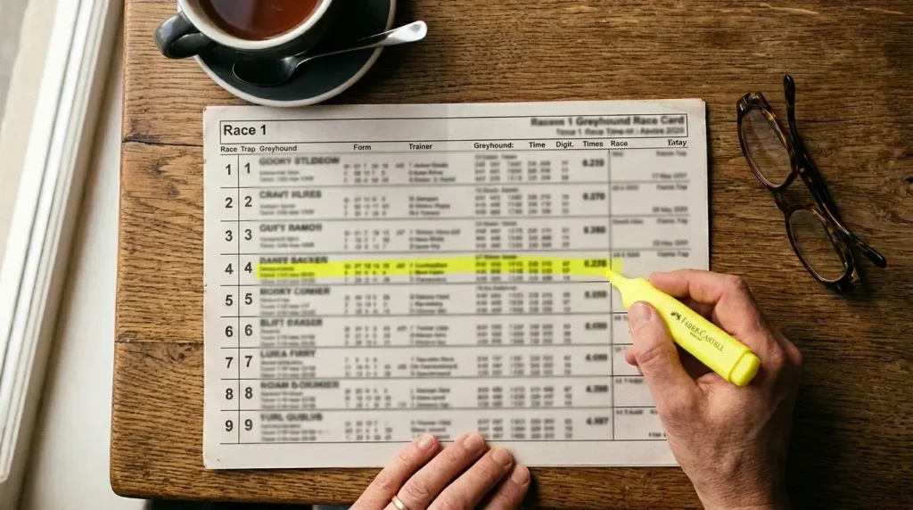 How to read greyhound form figures — close-up of a printed greyhound racecard with form data