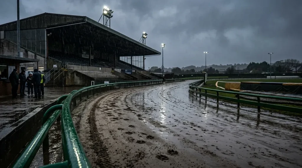 Going reports in greyhound racing — a wet sand greyhound track after rainfall