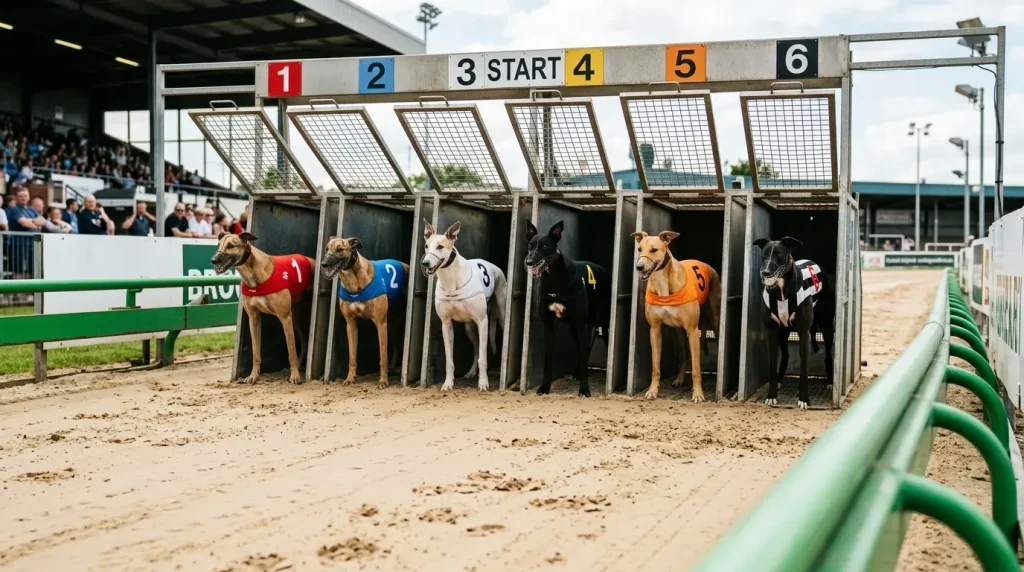 How greyhound grading works — six greyhounds wearing numbered racing jackets in the traps
