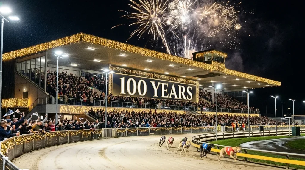 100 years of greyhound racing — a greyhound track lit up for the 2026 centenary celebration