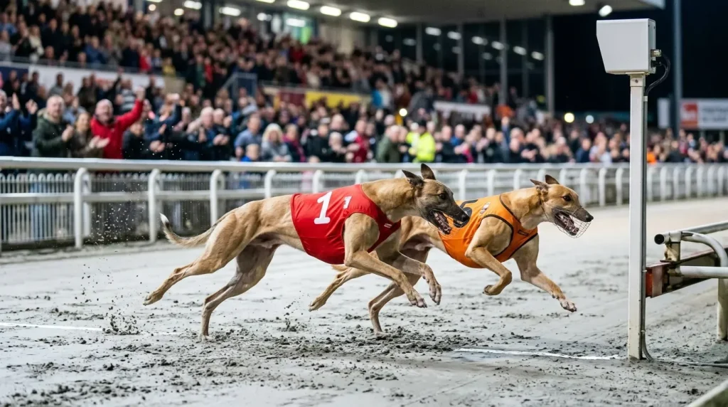 Greyhound racing results explained — greyhounds crossing the finish line in a close race