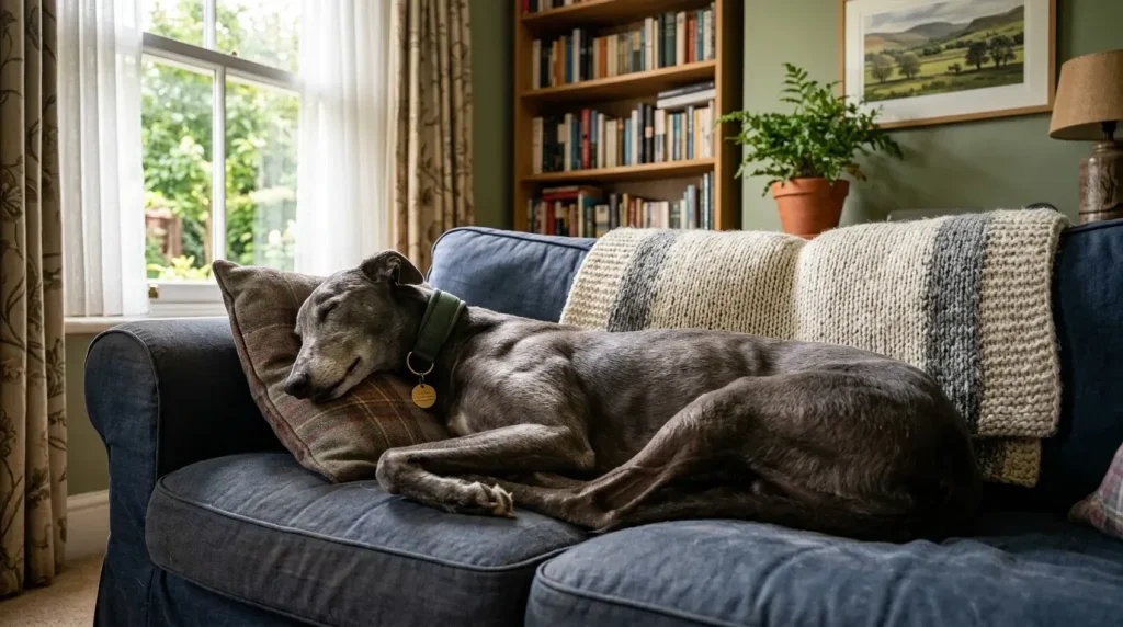 Greyhound retirement and adoption — a retired racing greyhound relaxing on a sofa at home