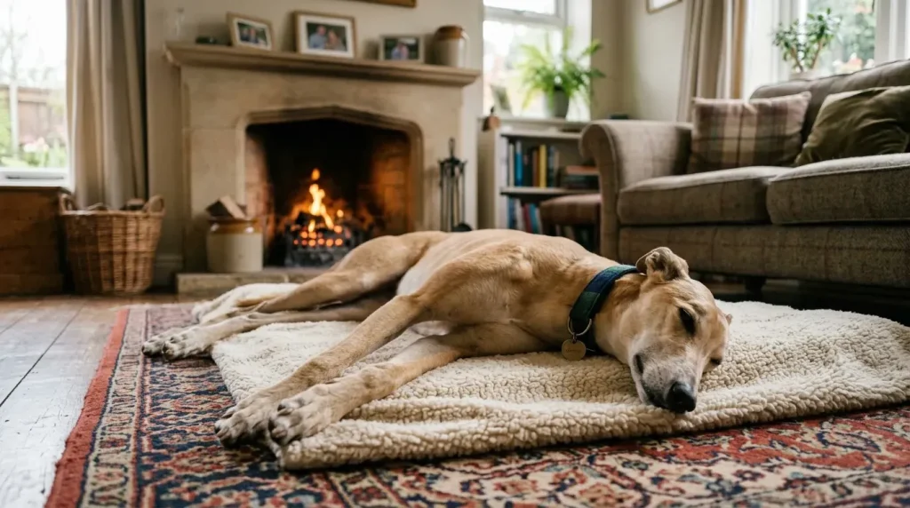 Greyhound welfare UK — retired racing greyhound resting comfortably on a blanket