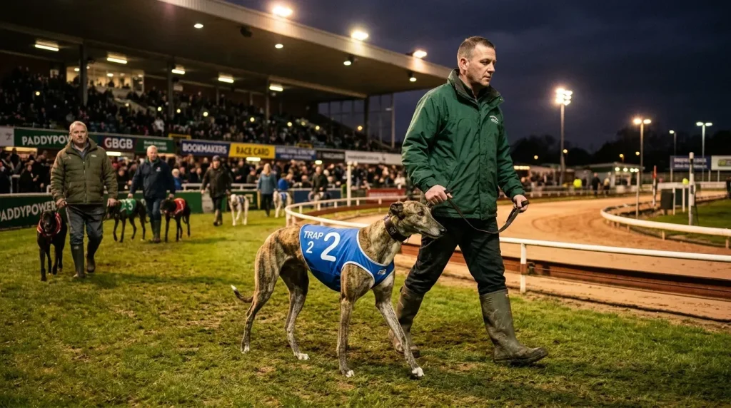 Irish greyhounds in UK racing — a greyhound being led by its handler before a race