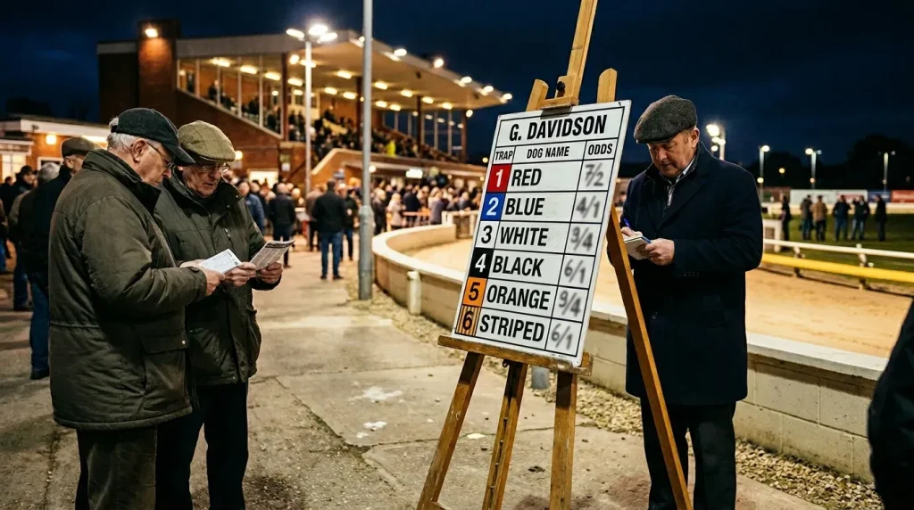 Oxford greyhound betting odds — odds board displayed at a greyhound racing venue