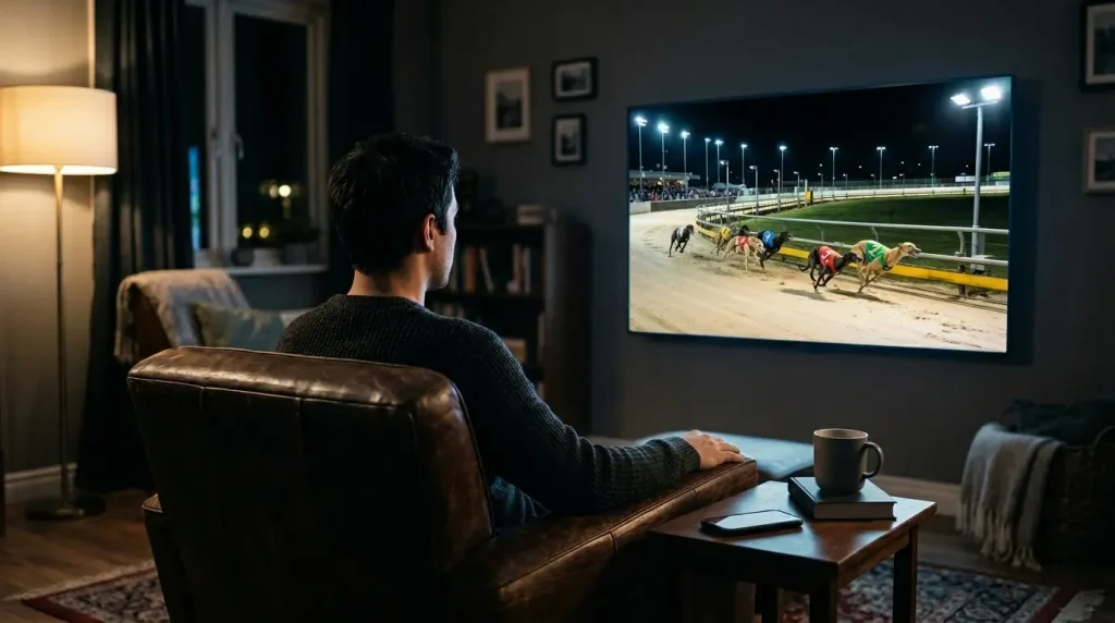 Oxford greyhound live streaming — person watching a greyhound race on a screen