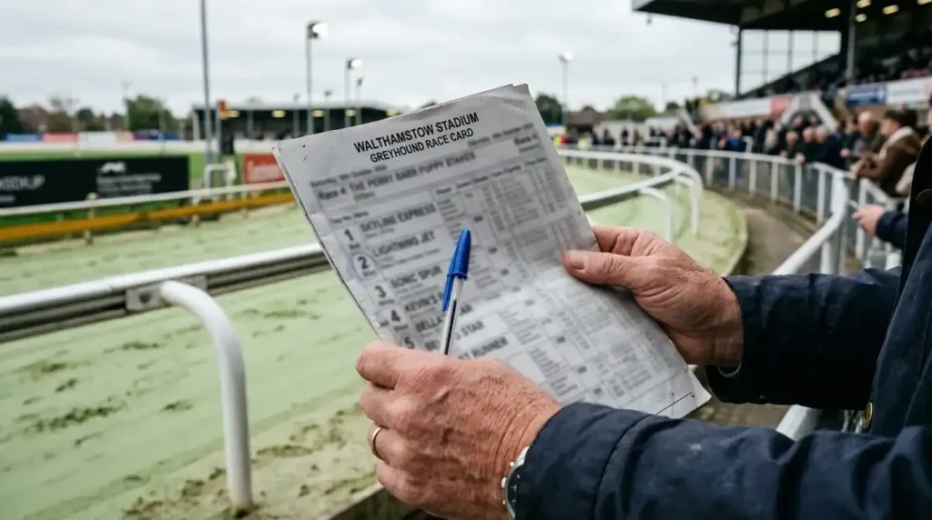 Oxford greyhound racecard with form figures and trap draw data on a race day