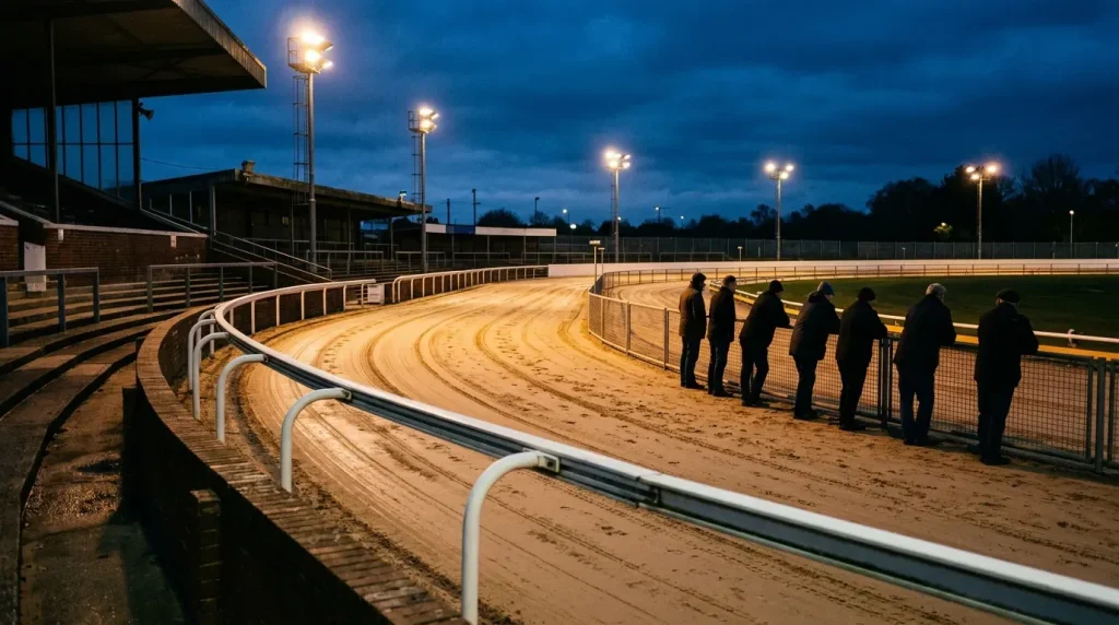 Oxford Stadium floodlit sand track prepared for an evening greyhound race meeting