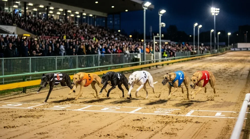 Oxford greyhound results today — dogs crossing the finish line at Oxford Stadium