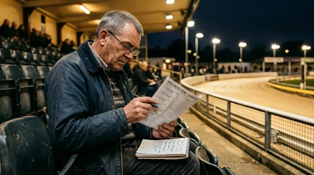 Punter studying a greyhound racecard with a pen beside the Oxford Stadium track