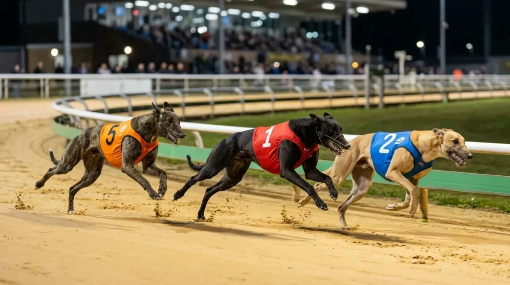 Oxford greyhound track distances — greyhounds sprinting on the sand track at Oxford Stadium