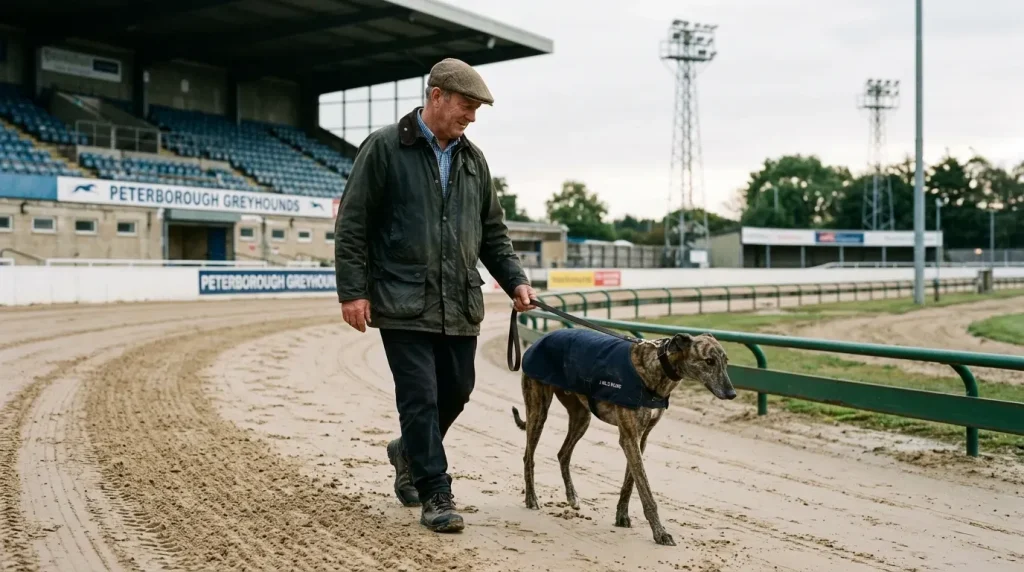 Oxford greyhound trainers — trainer walking a racing greyhound on the track