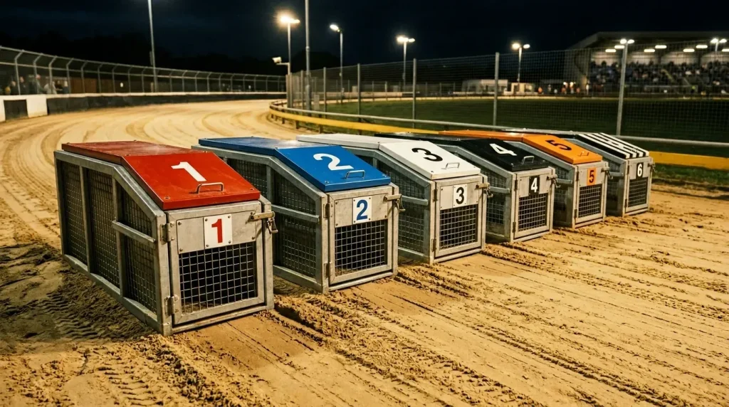 Oxford Stadium greyhound traps with coloured lids viewed from the starting line