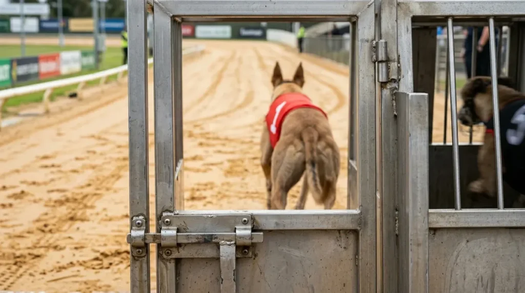 Oxford greyhound trial results — greyhound ready in the starting trap at Oxford Stadium