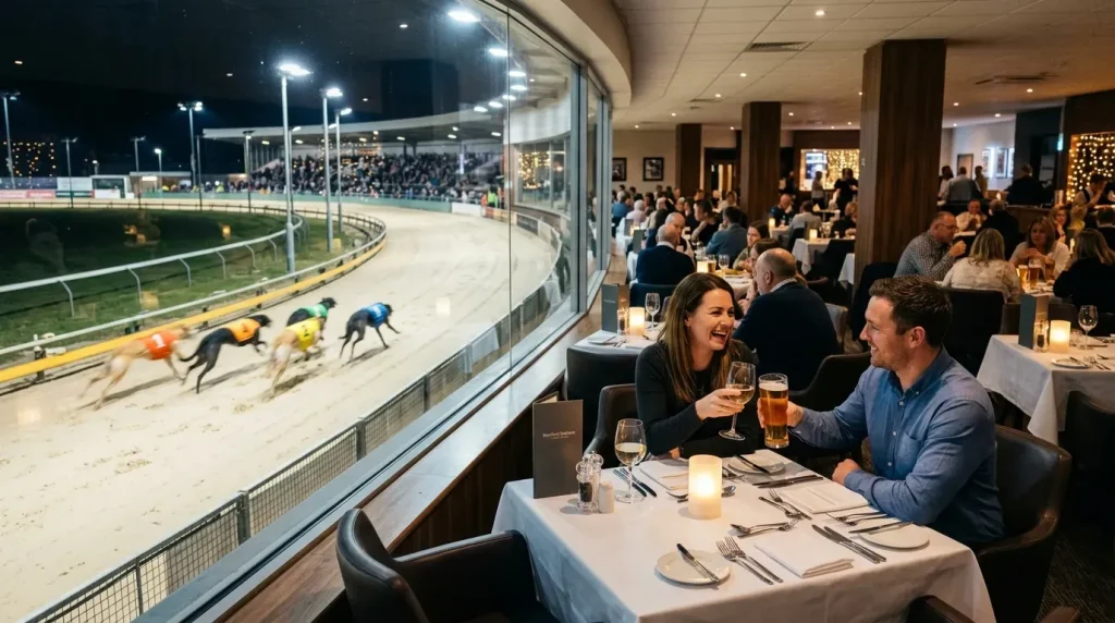 Oxford Stadium hospitality — diners enjoying a meal with a view of the greyhound track