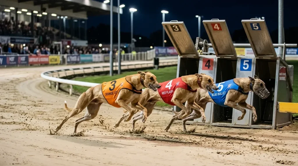 Greyhounds racing out of traps on the 253-metre sprint course at Oxford Stadium