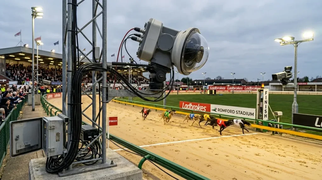 SIS greyhound broadcasting — a broadcast camera positioned at a greyhound track