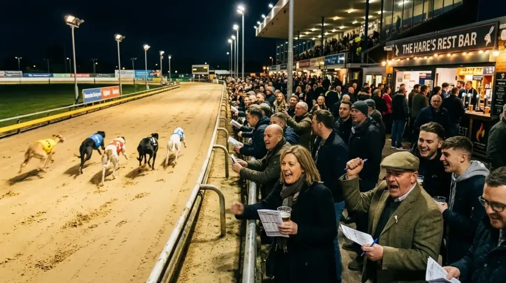 UK greyhound racing in numbers — spectators watching a race at a packed greyhound stadium