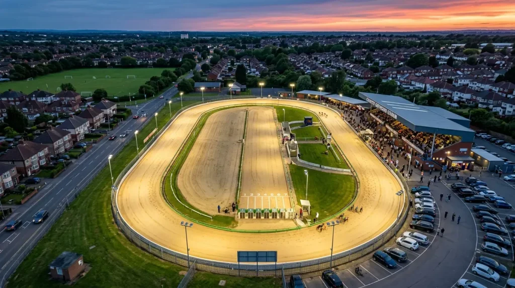 UK greyhound tracks compared — aerial view of a floodlit greyhound racing stadium